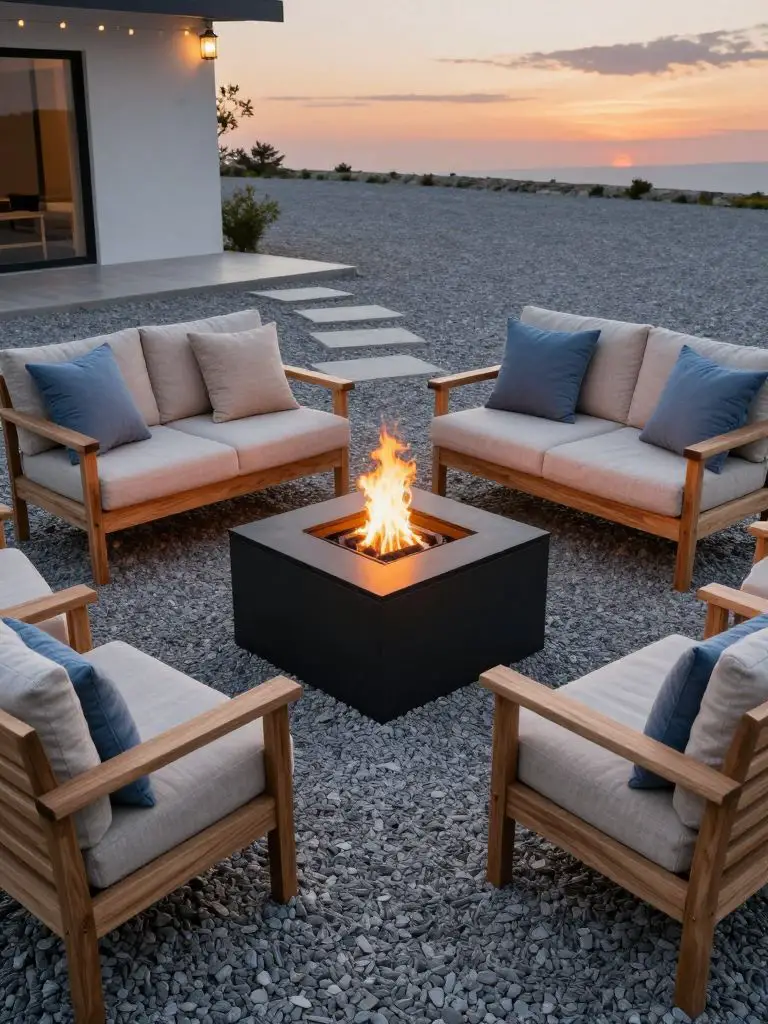 A small gravel patio designed in cozy minimalist style featuring a central square fire pit surrounded by compact seating.