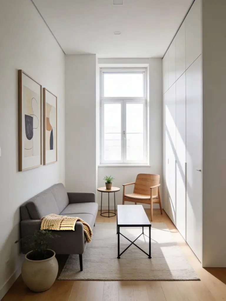 A compact minimalist apartment living room designed for small spaces with a smart and efficient layout.