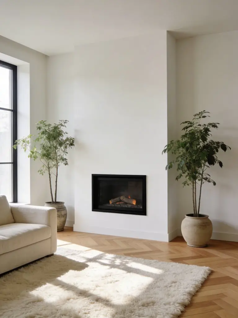 A clean Scandinavian minimalist living room with fireplace designed in warm minimalist interior style.