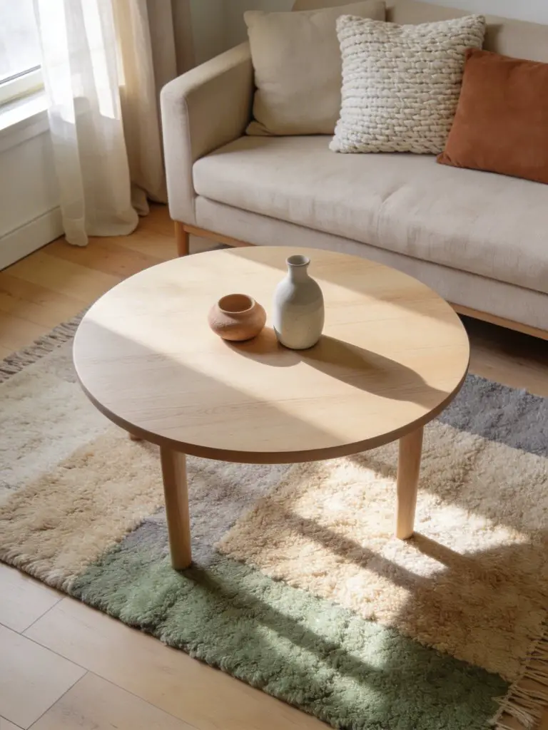 A small minimalist apartment living room layout centered around a round coffee table to improve flow in tight spaces.