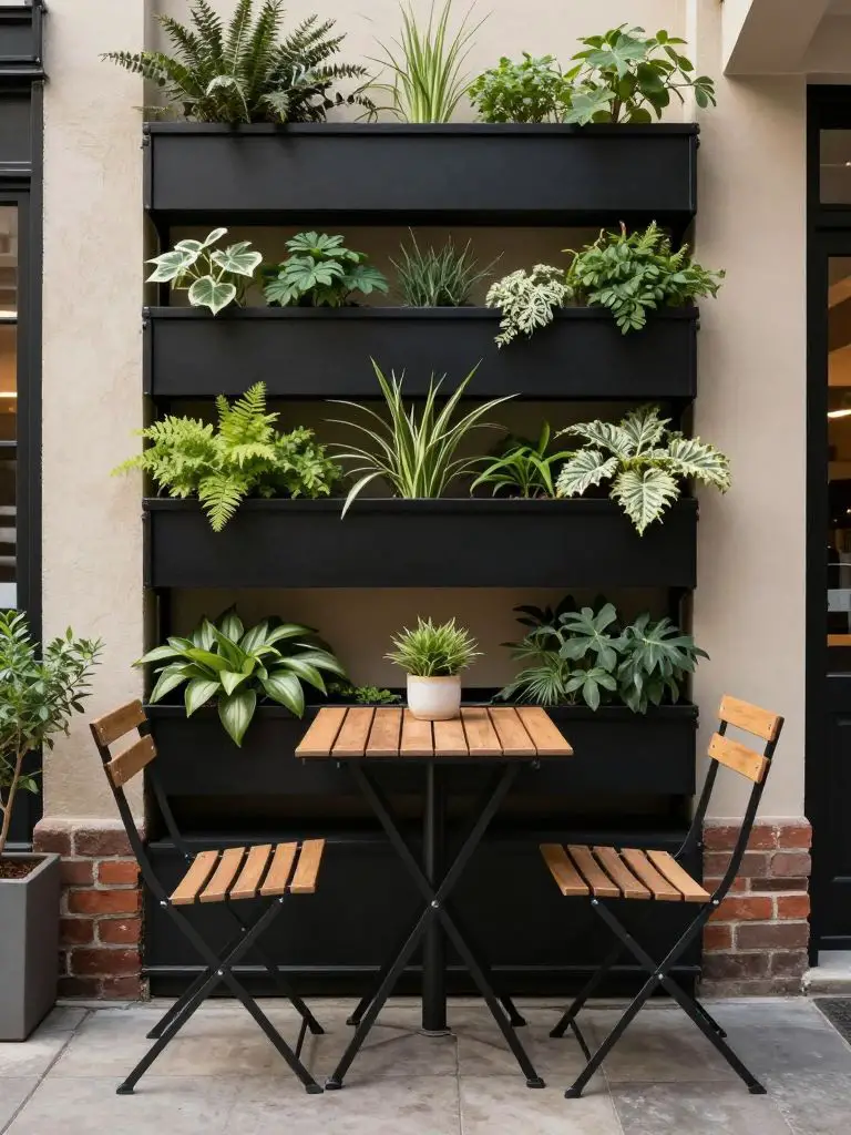 A small patio in urban modern rustic style featuring a vertical garden wall as the focal point.