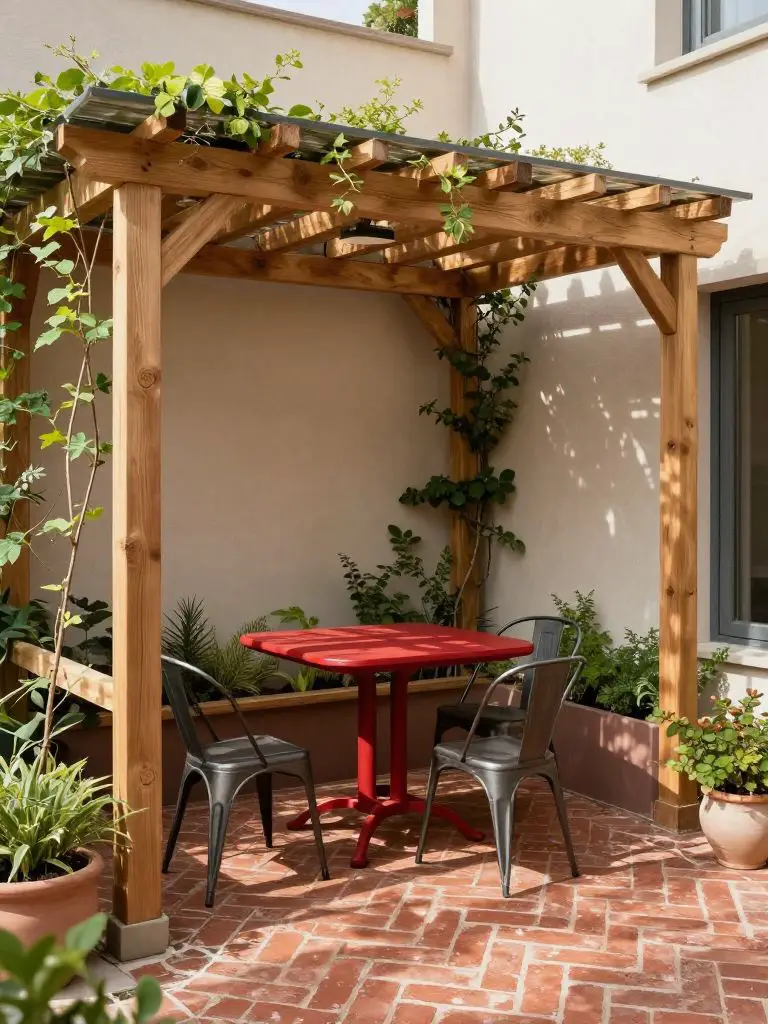 A compact patio in modern rustic style featuring a small pergola with climbing plants as the focal structure.