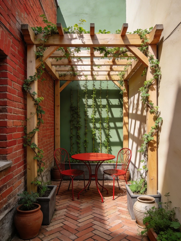 A compact patio in modern rustic style featuring a small pergola with climbing plants as the focal structure.