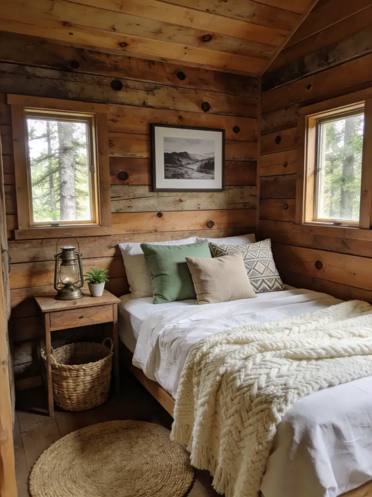 A compact rustic cabin bedroom designed for warmth and comfort using natural textures and woodland-inspired decor.