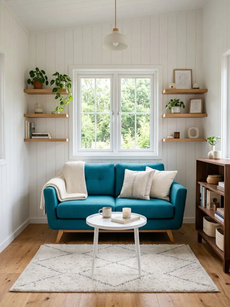 A bright tiny home lounge designed in warm minimalist Scandinavian style featuring white shiplap walls, natural oak flooring, and a bold tea.
