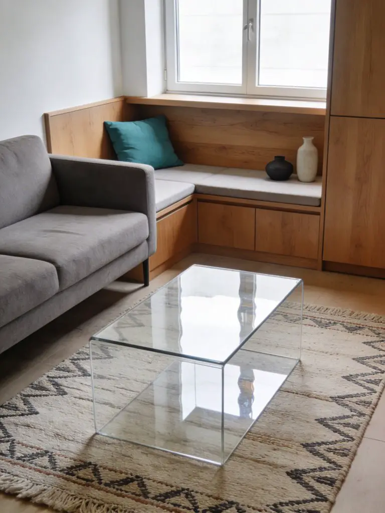 A smart compact minimalist living room with built-in seating designed for a small apartment.