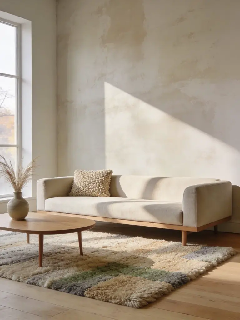 A warm minimalist apartment living room featuring a low profile sofa that visually expands the height of a small space.