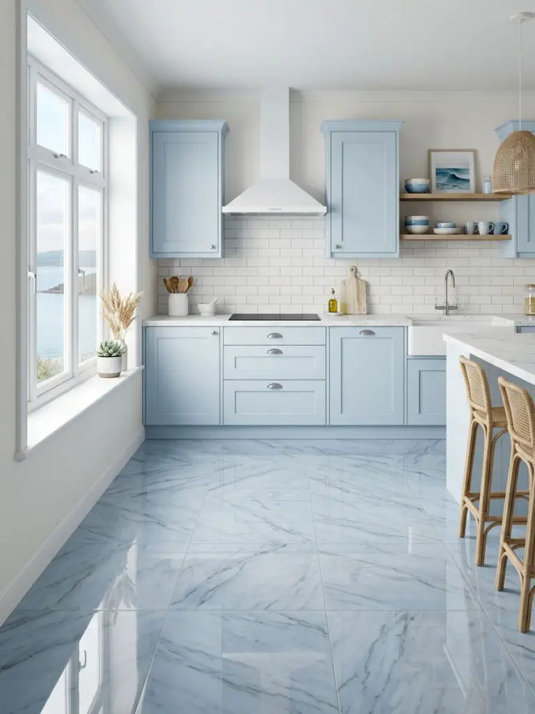 A serene coastal-inspired kitchen with soft blue marble-effect tile flooring featuring fluid gray veining and a glossy finish.