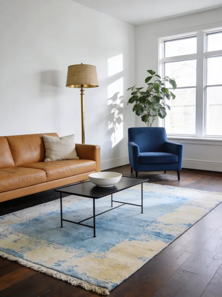 A fresh minimalist living room designed around a soft vintage-wash rug in pale blue and muted ivory tones.