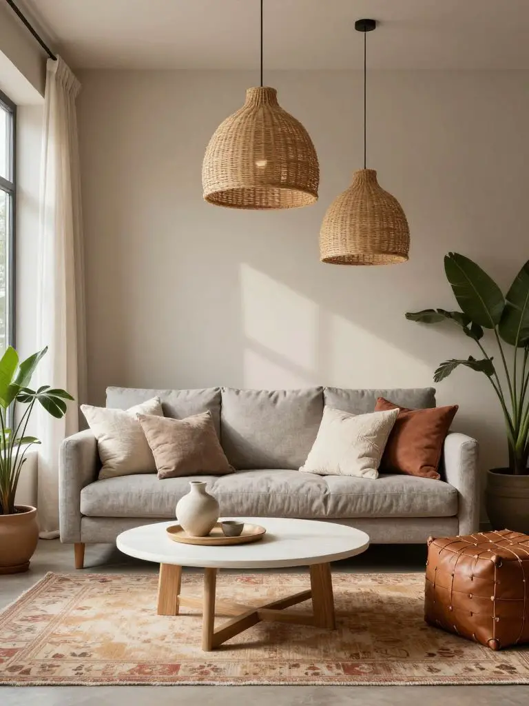 A cozy boho minimalist living room styled with layered neutral textures and natural materials.