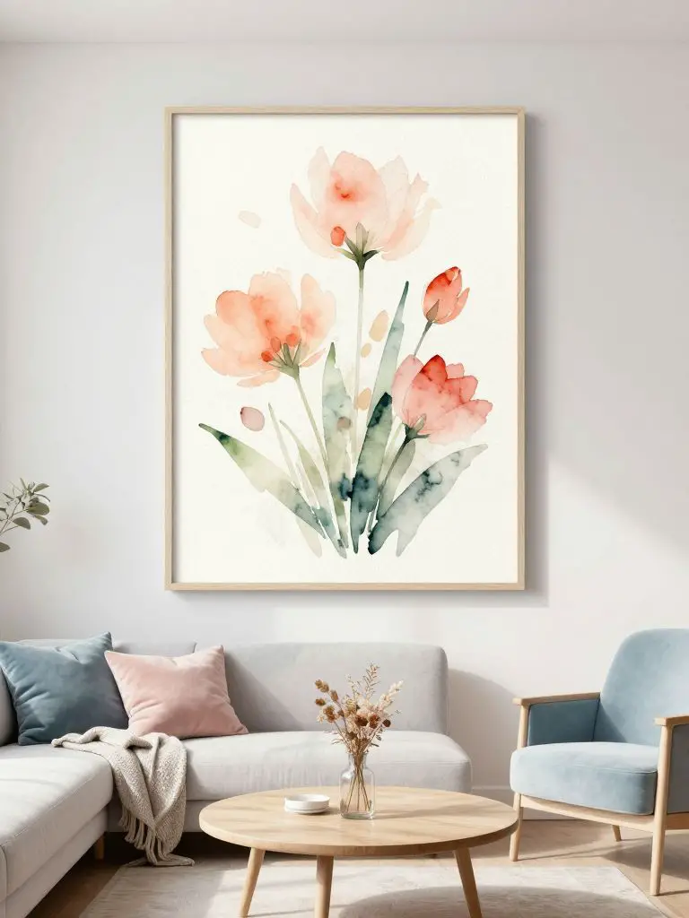 A soft and airy minimalist living room featuring botanical watercolor minimalist wall art as a gentle focal point.
