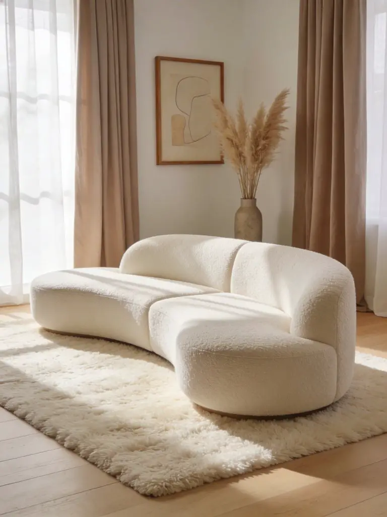 A contemporary minimalist living room showcasing a sculptural curved modular sofa in soft ivory bouclé fabric positioned diagonally in the f.