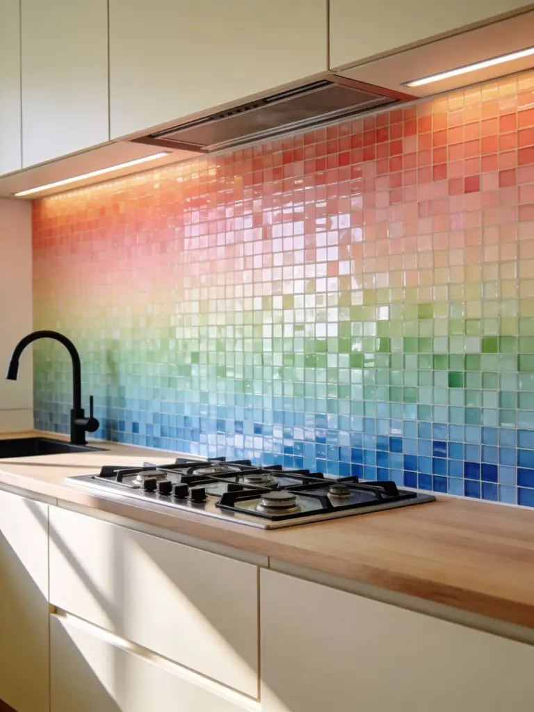 A soft contemporary kitchen featuring a gradient mosaic tile backsplash that transitions smoothly from warm coral and peach tones into soft.