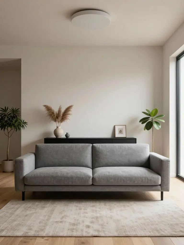 A minimalist living room centered around a modern gray upholstered sofa positioned in the middle of the composition.
