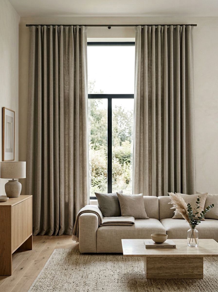A calm minimalist living room designed around soft greige blackout curtains as the focal feature, styled in a warm minimalist and modern Sca.