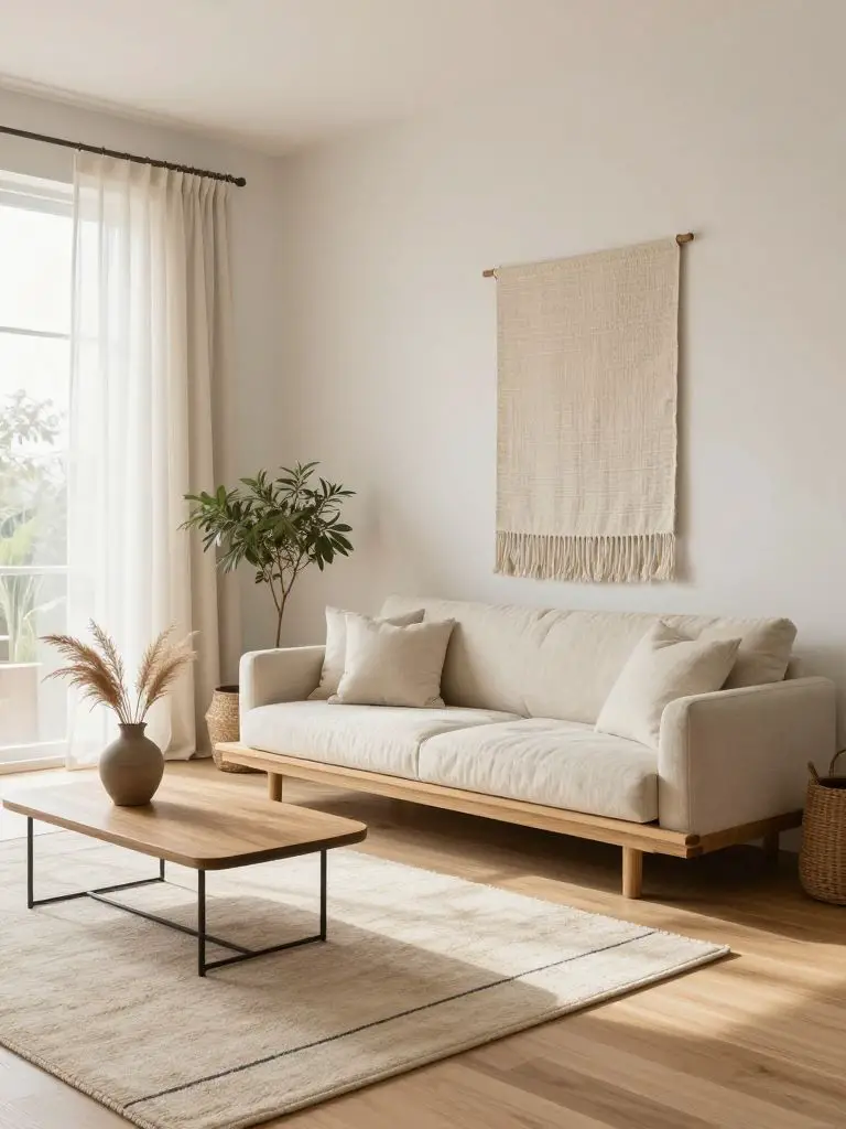 A soft Japandi-boho minimalist living room designed with calming natural materials and simple forms.