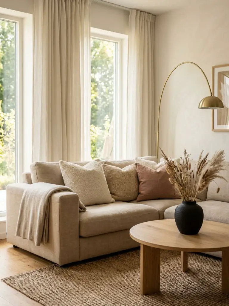 A serene warm minimalist living room corner inspired by Scandinavian comfort and natural textures.
