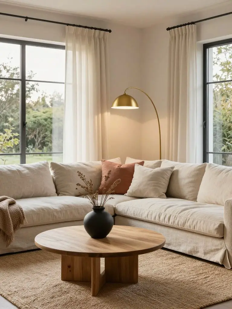 A warm minimalist living room featuring a plush linen sectional arranged near large windows with soft ivory curtains.