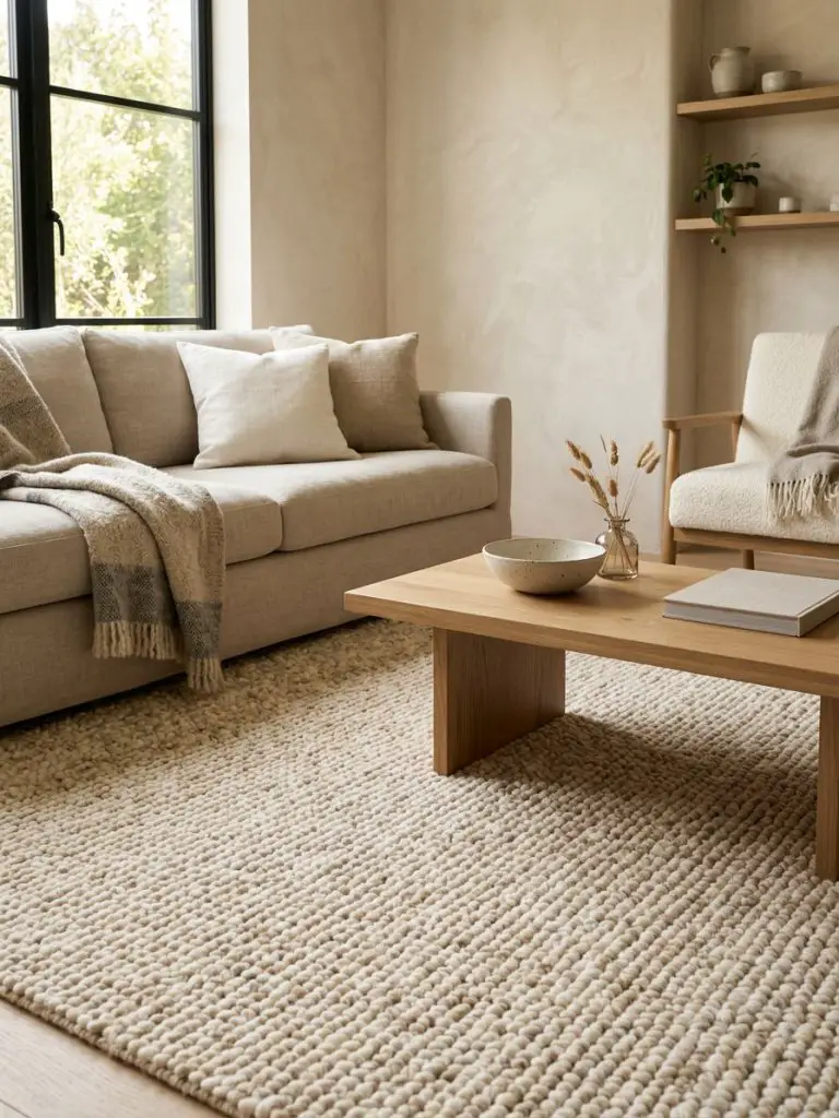 A warm minimalist living room centered around a soft loop-pile wool rug that introduces cozy texture while maintaining a neutral aesthetic.