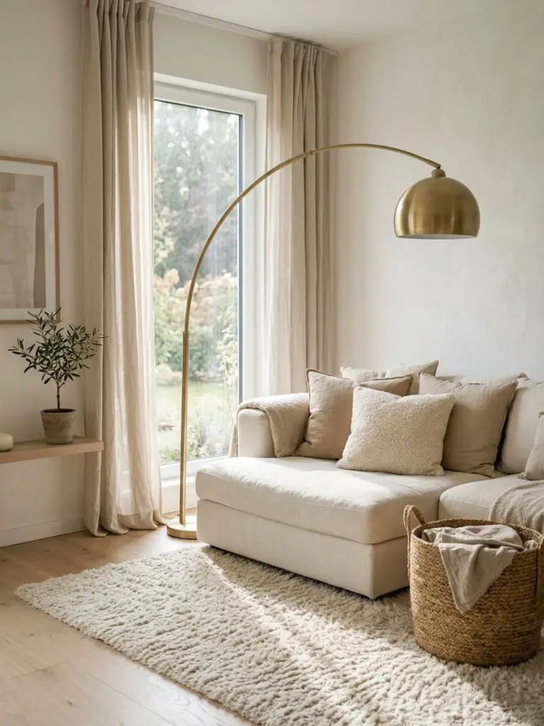 A serene warm minimalist living room corner designed with soft textures and elegant lighting.