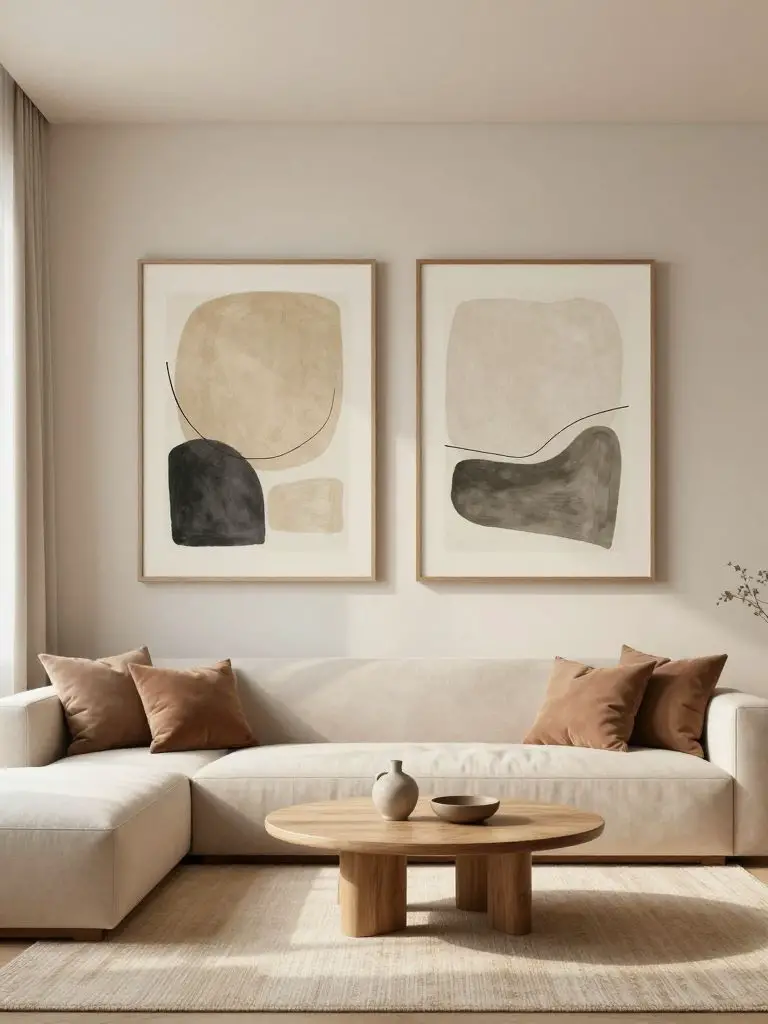 A serene warm minimalist living room styled with soft neutral minimalist wall art that emphasizes balance and calm.