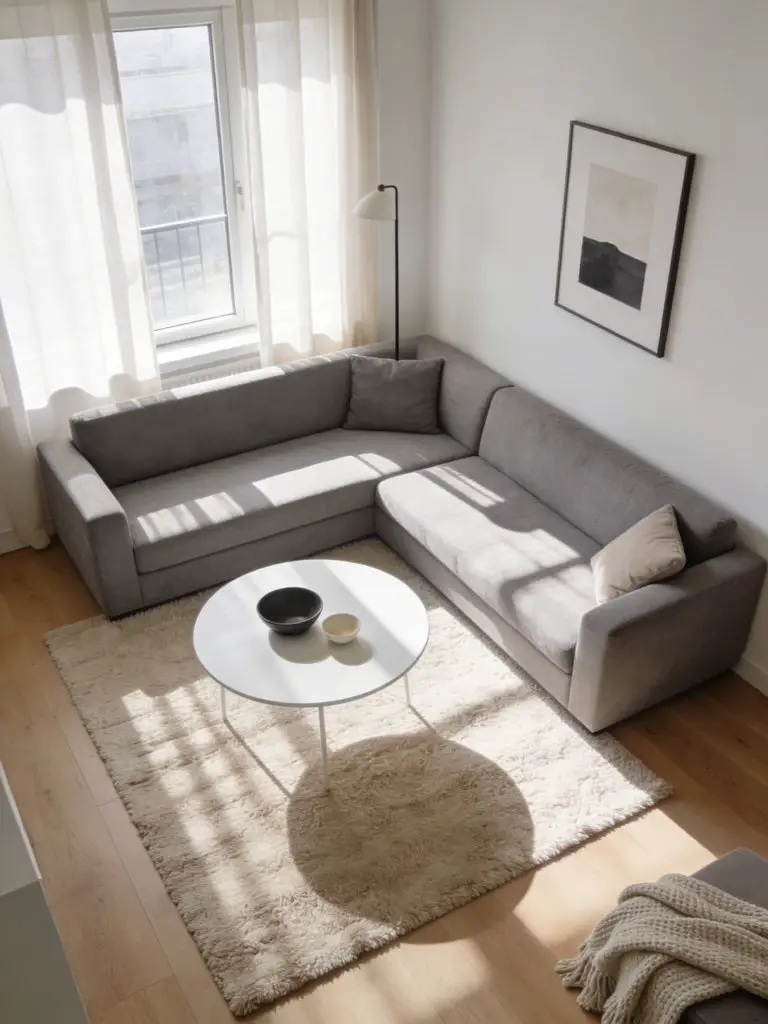 A calm minimalist living room corner designed for a small apartment layout featuring a soft grey L-shaped sectional sofa as the hero subject.