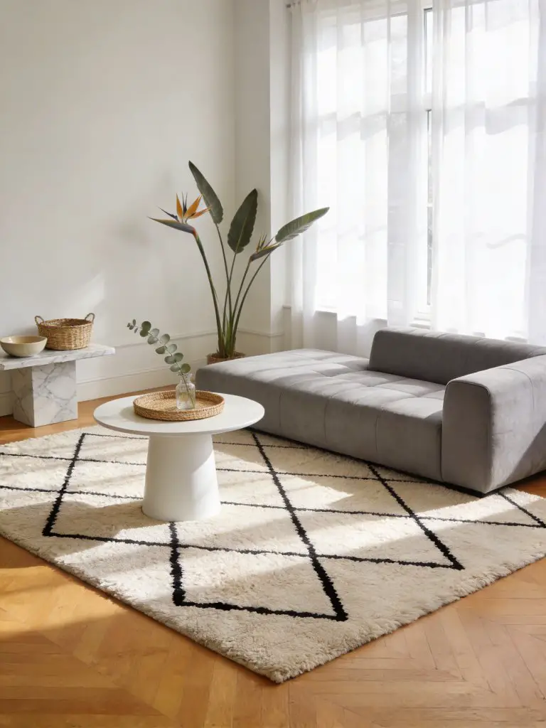 A calm Scandinavian living room centered around a plush neutral rug decorated with simple black diamond outlines.