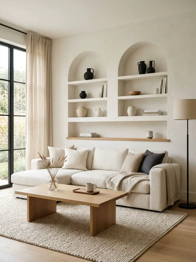 A light and airy Japandi minimalist living room designed around elegant built-in arched shelving.