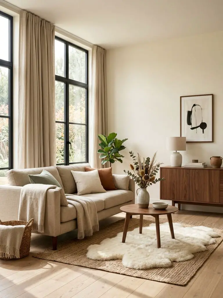 A light-filled Japandi minimalist living room featuring warm walnut furniture and layered neutral textiles.