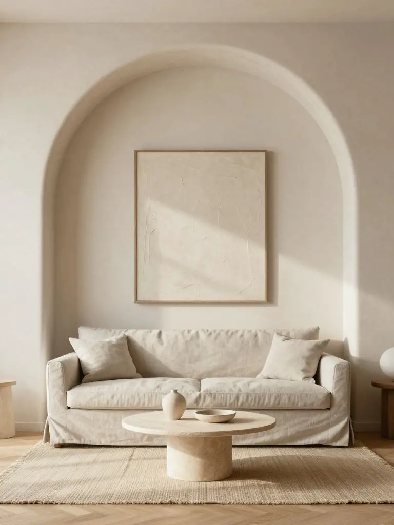 A soft neutral minimalist living room featuring a sculptural arched wall alcove that adds architectural elegance.