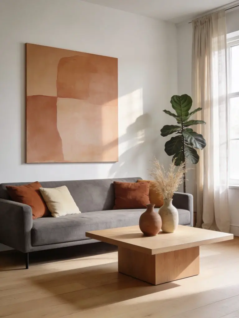 A serene neutral-toned living room featuring a grey couch styled with warm earthy accent pillows in clay and cream tones.