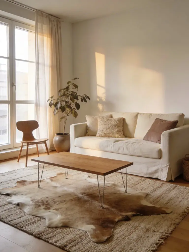 A cozy minimalist apartment living room styled with warm neutral tones and abundant natural light.