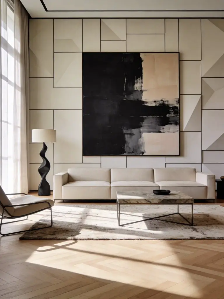 A serene minimalist luxury living room styled with soft neutral tones and a large abstract artwork as the visual centerpiece.