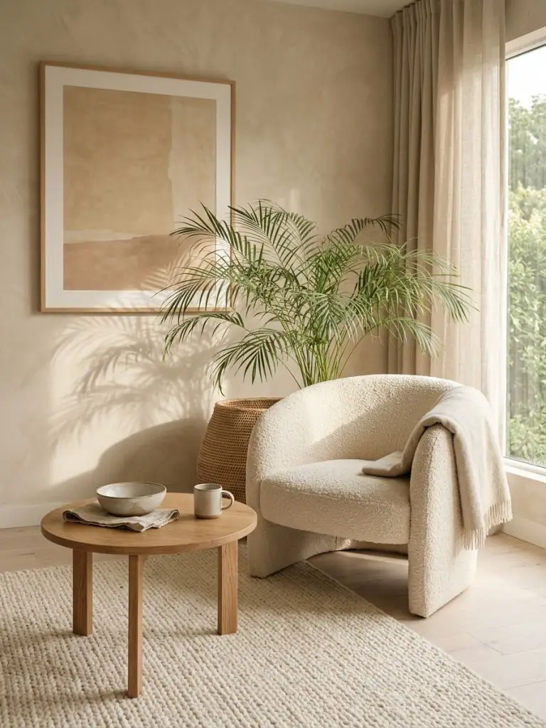 A calm minimalist reading corner designed with organic materials and soft neutral tones.