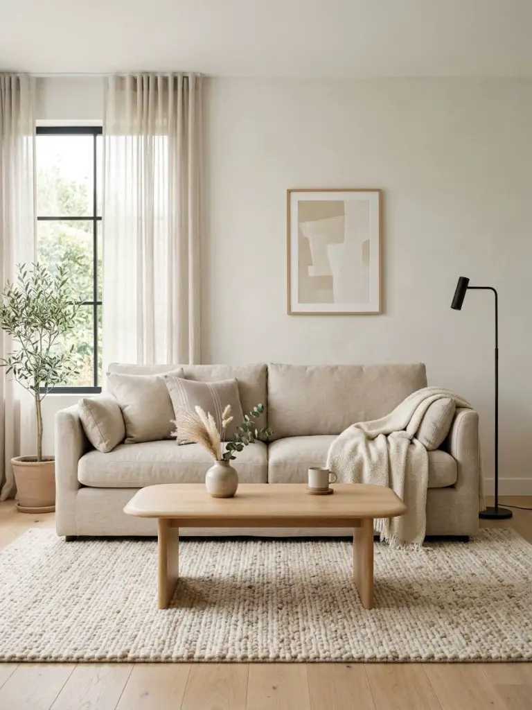 A cozy Scandinavian minimalist living room scene with warm minimalist styling, focused on a soft oatmeal linen sofa as the main hero subject.