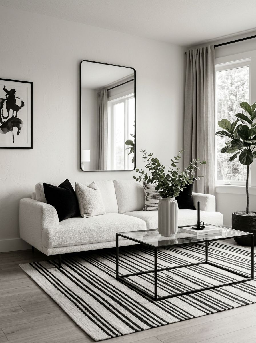A calm black and white minimalist living room styled with a bright neutral palette and subtle graphic contrast.