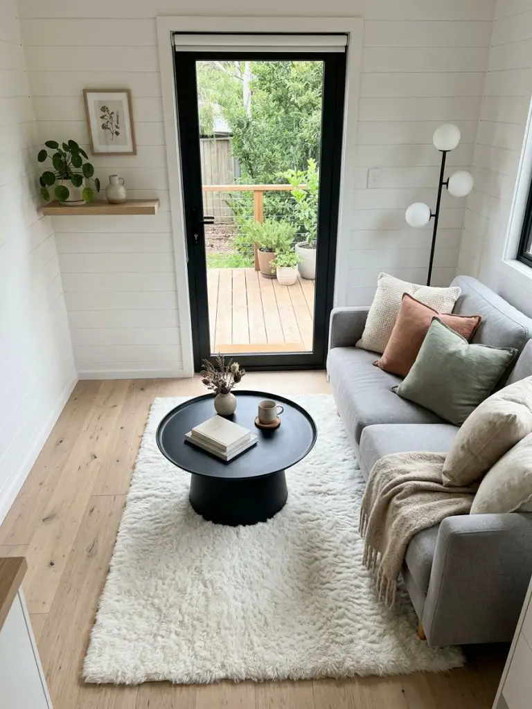 A compact minimalist tiny home living room styled in Scandinavian warm minimalism featuring white shiplap walls, pale oak flooring, and a so.