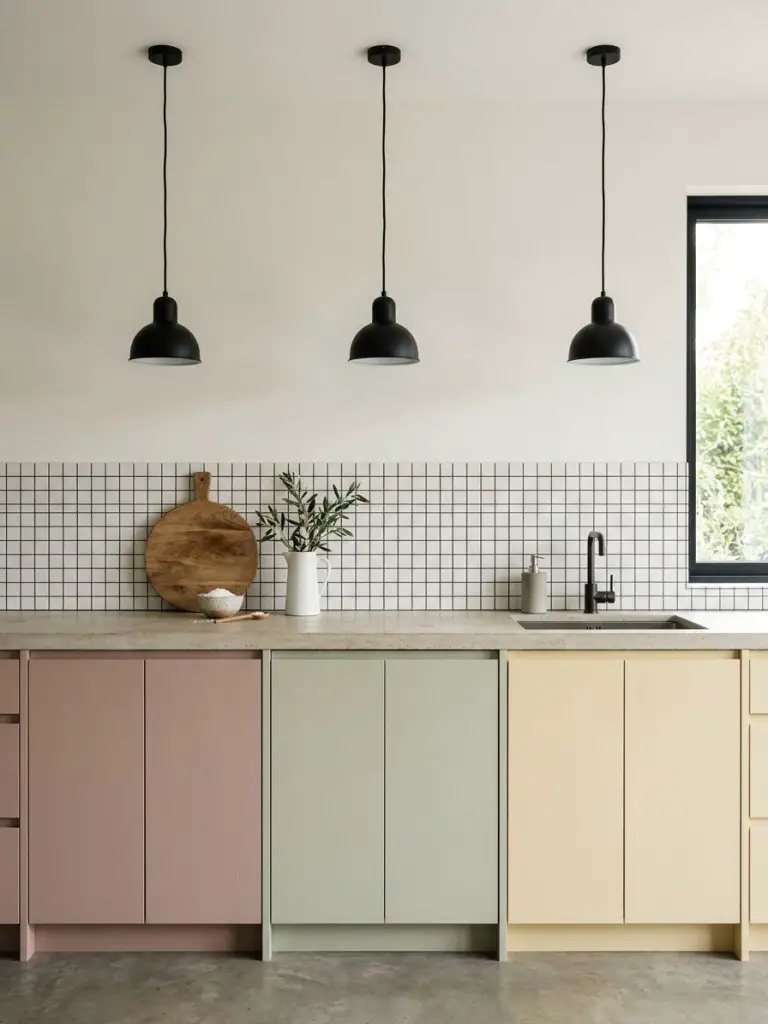 A minimalist kitchen featuring soft pastel cabinetry in muted tones of dusty rose, pale sage, and buttercream yellow, arranged in a linear c.