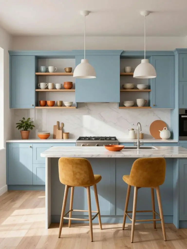 A soft modern colorful kitchen blending pastel blue cabinetry with warm mustard and orange accents in a Scandinavian-inspired style.