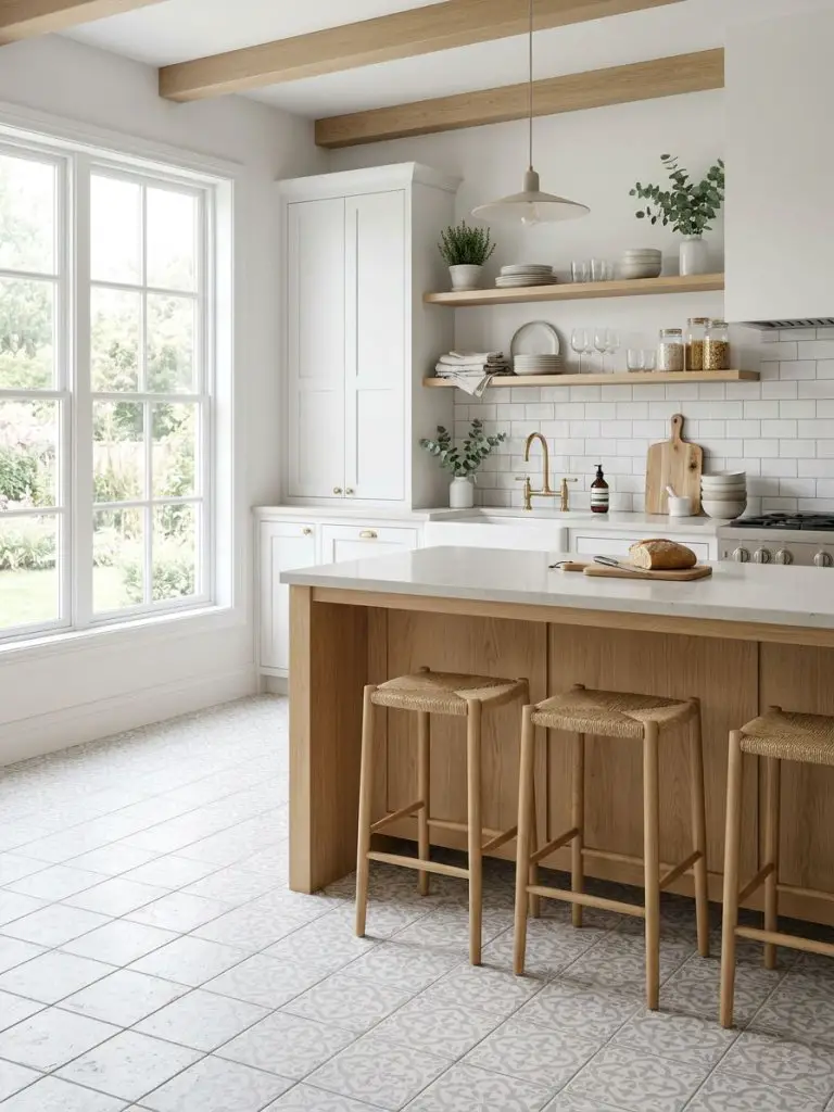 A bright farmhouse-style kitchen with soft patterned tile flooring in a warm minimalist and Scandinavian-inspired aesthetic.