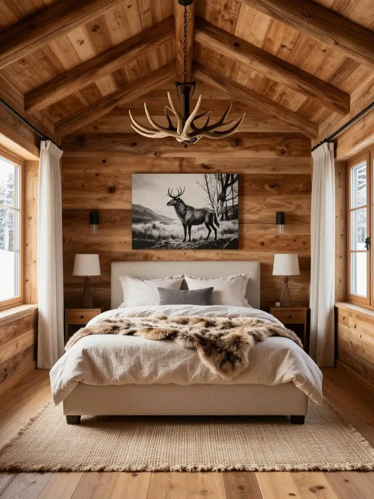 A warm rustic mountain bedroom with exposed timber plank walls and a vaulted wood ceiling that creates an intimate lodge retreat.