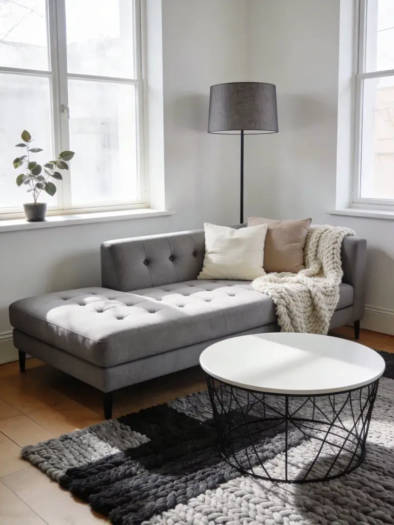 A soft Scandinavian-inspired living room built around a grey chaise sectional sofa positioned near a large window.