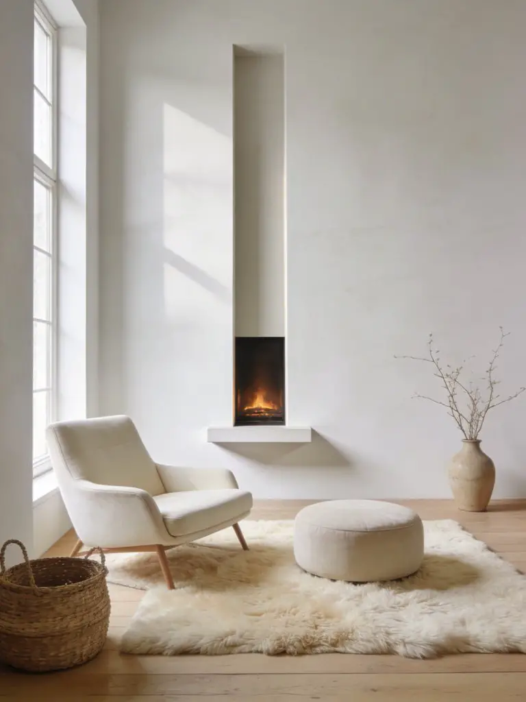 A bright Scandinavian minimalist living room with fireplace designed in warm minimalist interior style.