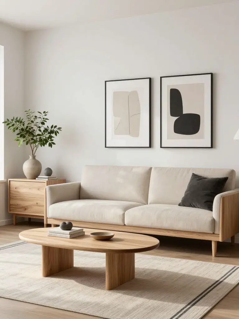 A Scandinavian minimalist living room featuring light wood furniture and soft neutral styling.