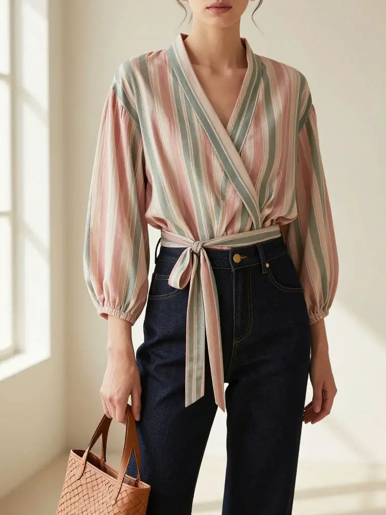 A modern indoor fashion scene showcasing sustainable luxury fashion with refined tailoring.