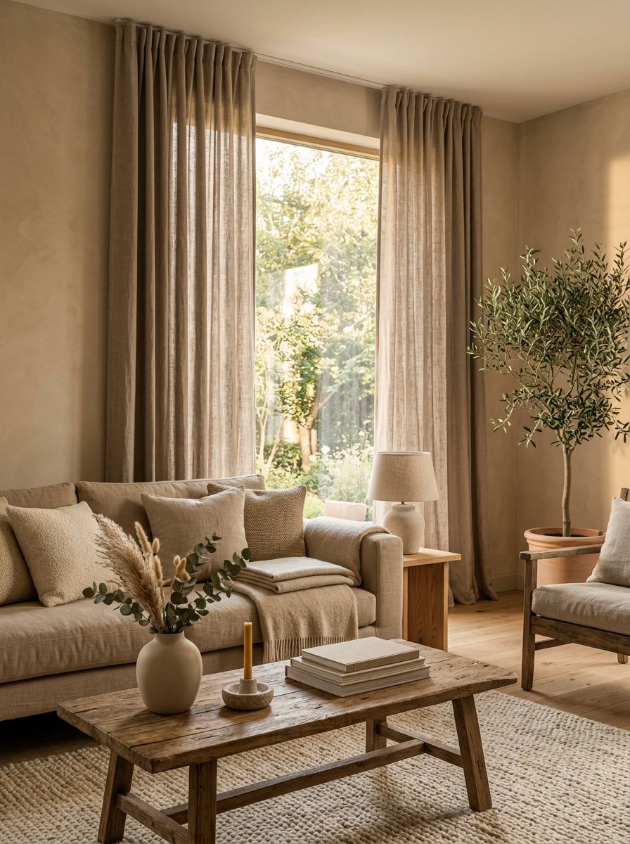 A modern rustic minimalist living room featuring soft taupe curtains that add subtle warmth to the space.