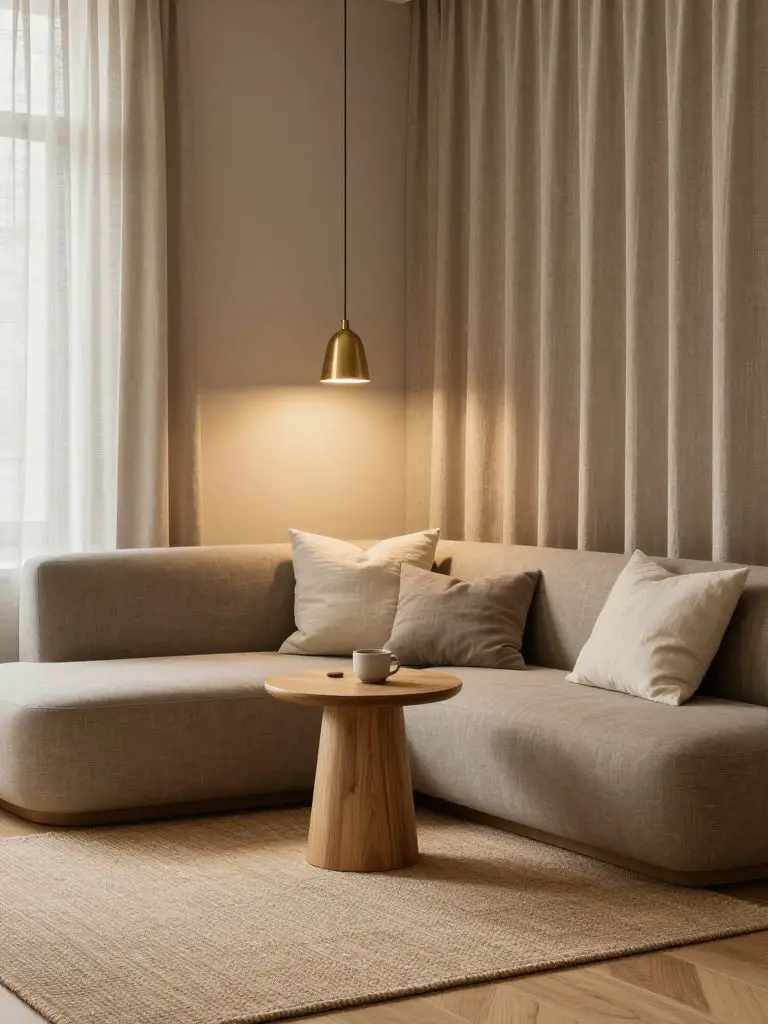 A cozy warm minimalist lounge corner designed with Scandinavian and Japandi influences.