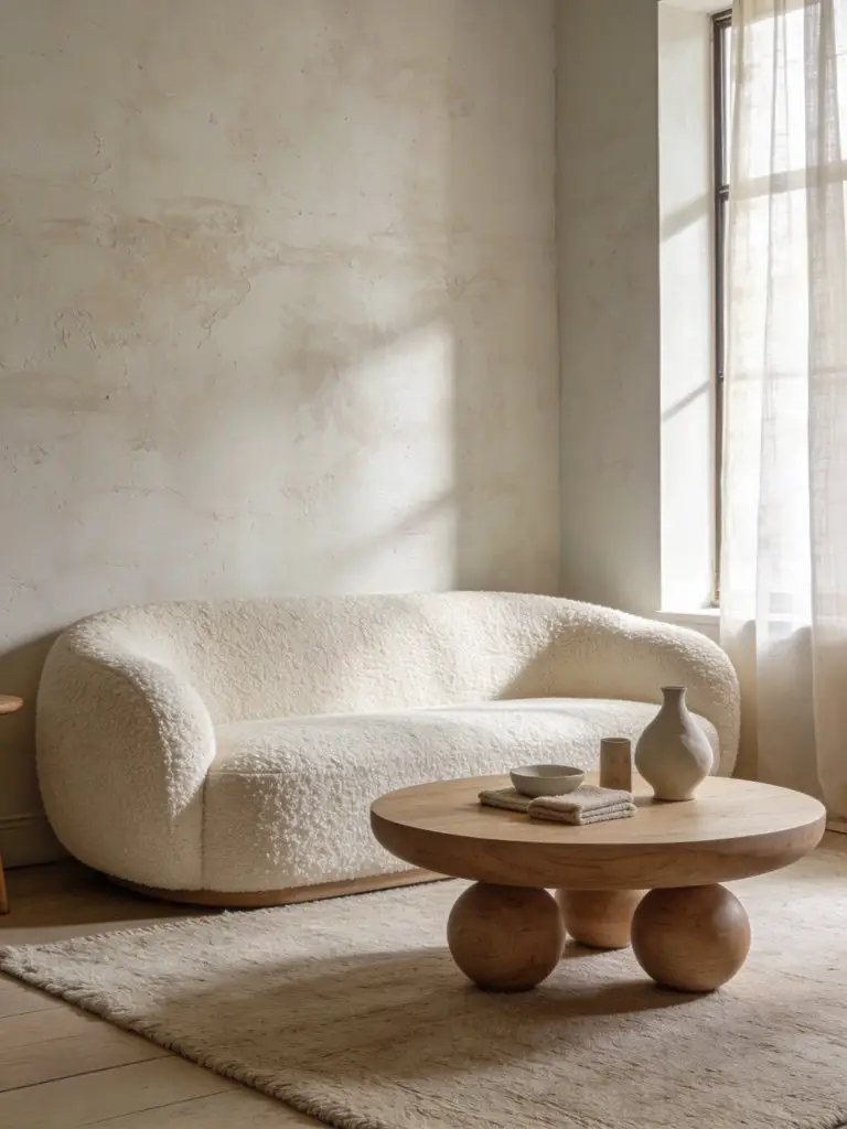 A soft and serene minimalist living room designed with organic curves and tactile textures that create a calm and welcoming environment.