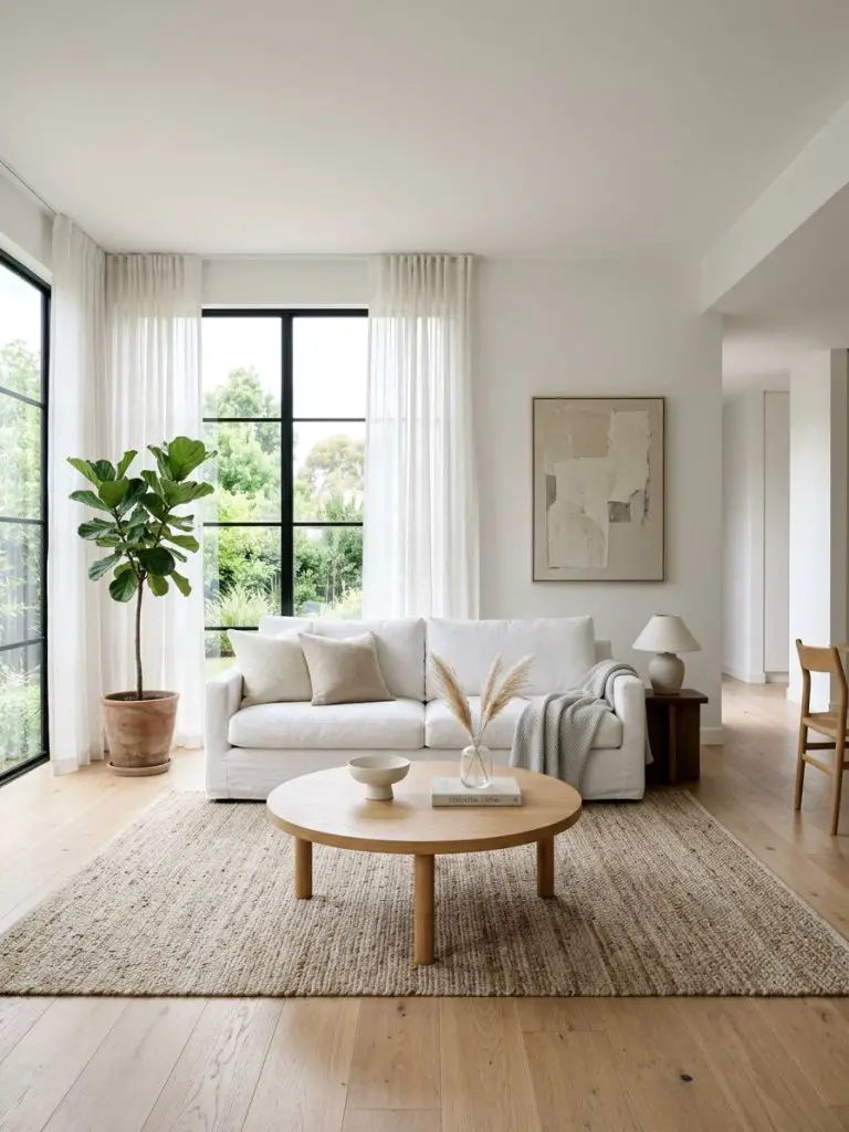 A bright minimalist living room focused on simplicity with soft white walls, a white linen sofa, light oak flooring, sheer linen curtains, a.