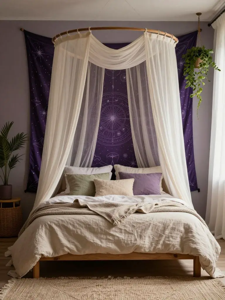A soft witchy bedroom designed with a boho witchcore aesthetic, featuring a wooden canopy bed draped in sheer ivory fabric.